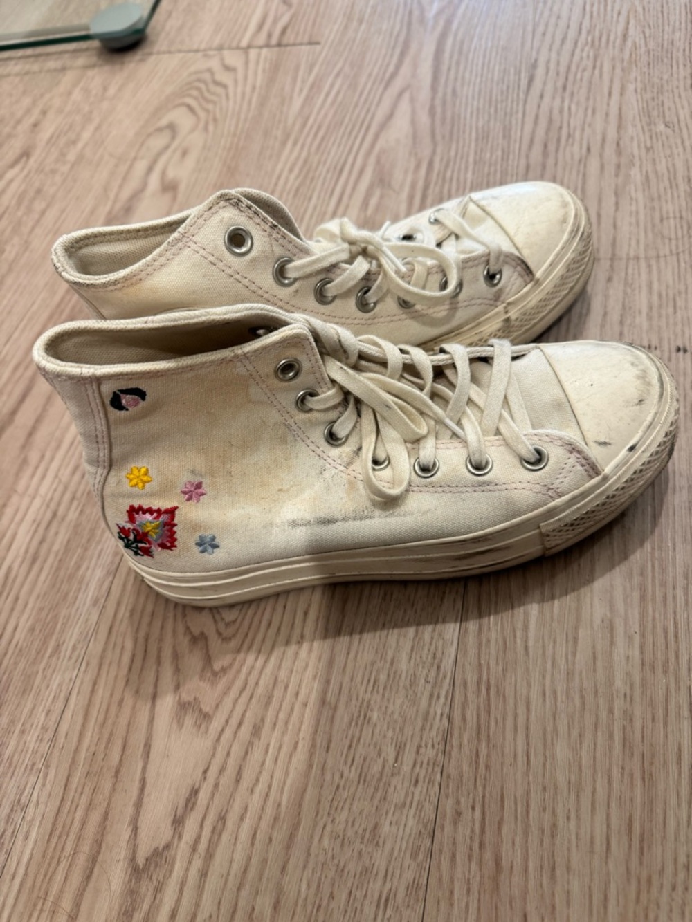 High-Top Canvas Sneakers in Cream with Floral Embroidery